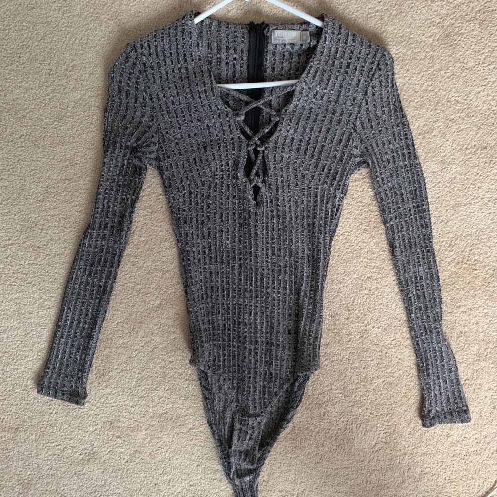 Grey knit long sleeve bodysuit
